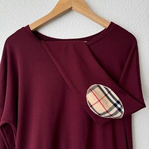 Burgundy long sleeve pullover Top with Plaid sleeve patches Designer inspired